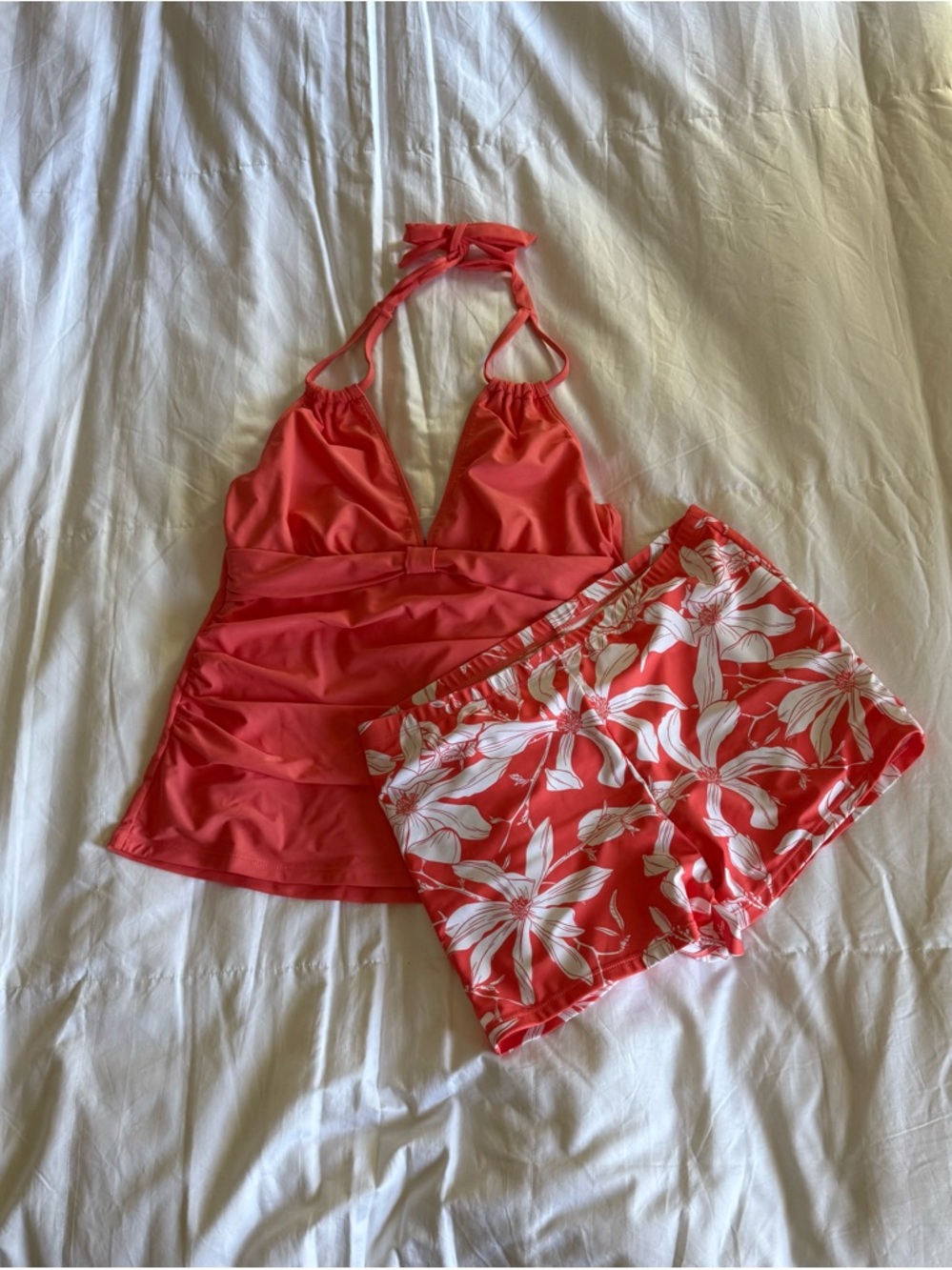 Lascana Coral Halter Tankini Top with Floral Coral and White Swim Shorts